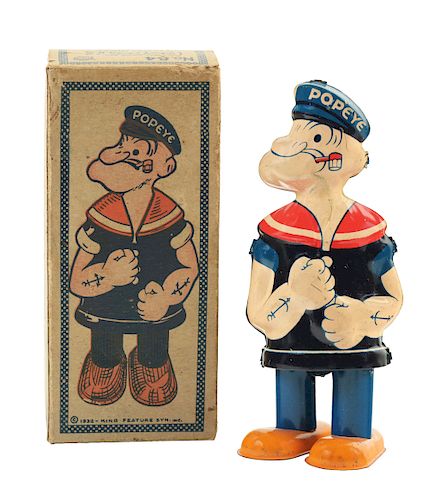 Chein Tin Litho Wind Up Popeye Waddeler Figure with Box.