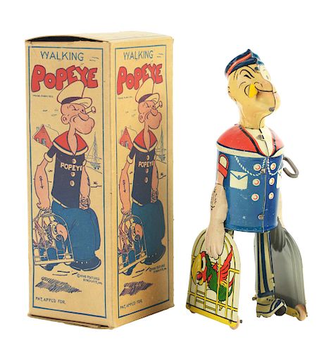Marx Tin Litho Wind Up Walking Popeye Carrying Parrot Cages with Box.