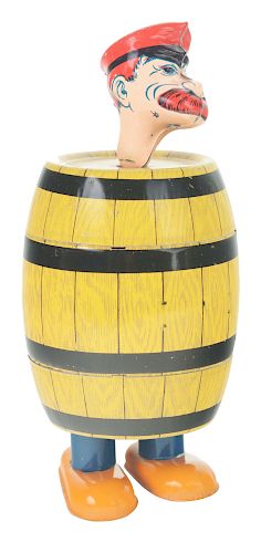 Chein Tin Litho Wind Up Barnical Bill in Barrel Toy.