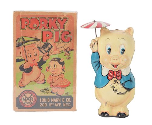Marx Tin Litho Wind Up Porky Pig Twirling Umbrella Toy With Box. 