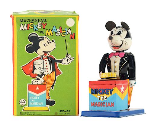 Walt Disney Linemar Tin Litho Wind Up Mickey the Magician Toy.