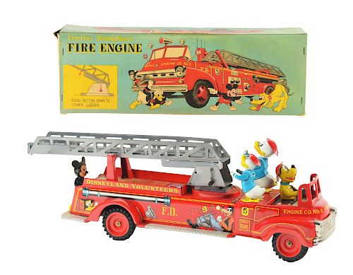 Linemar Tin Litho Walt Disney Friction Fire Truck Toy.