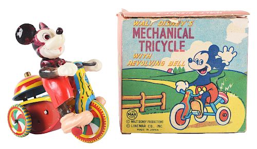Japanese Linemar Walt Disney Wind Up Mickey Mouse Tricycle With Box. 