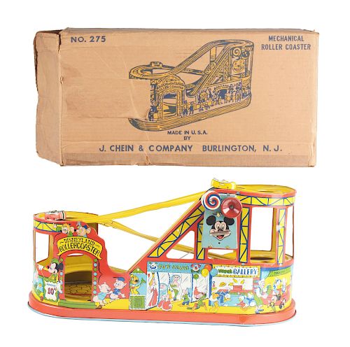 Chein Tin Litho Wind Up Walt Disney Roller Coaster Toy In Box.