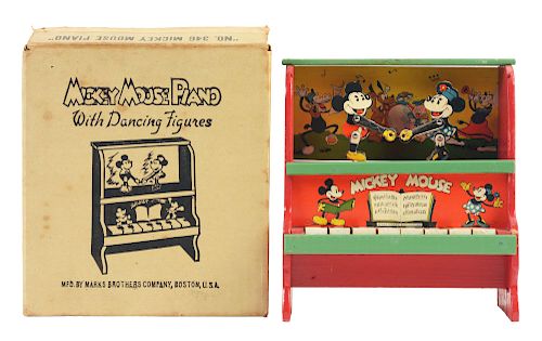 Mark's Bros. Walt Disney Wooden Mickey Mouse Piano with Dancing Figures.