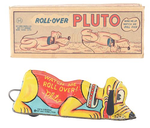 Marx Walt Disney Tin Litho Wind Up Roll Over Pluto Toy With Box. 