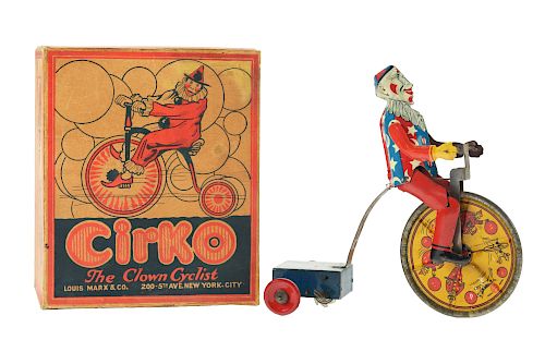 Scarce Marx Tin Litho Wind Up Cirko Clown Cyclist Toy With Box. 