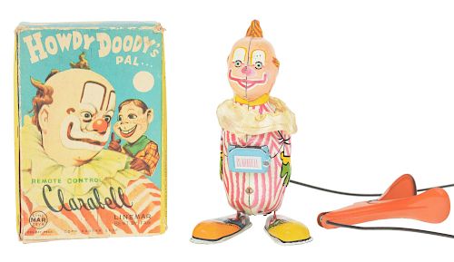 Scarce Tin Litho Clarabell Linemar Squeeze Toy with Box.