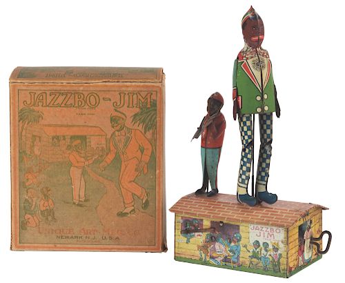 Scarce Unique Art Tin Litho Wind Up Jazzbo-Jim Roof Dancing Toy In Box. 