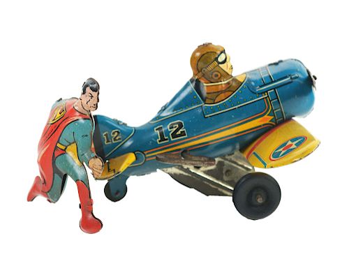 Marx Tin Litho Wind Up Superman Roll Over Plane.