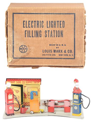Box Of Marx Tin Litho & Pressed Steel Sunny Side Service Station Set.