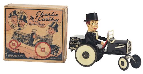 Marx Tin Litho Wind Up Charlie McCarthy Benzine Buggy Toy With Box. 