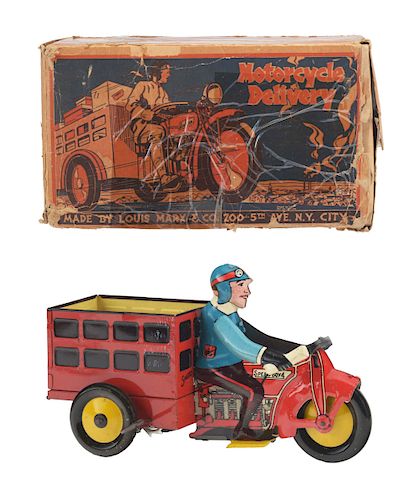 Marx Tin Litho Wind Up Motorcycle Delivery Toy With Box. 
