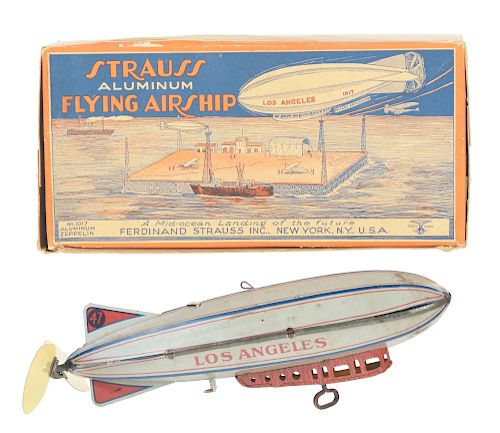 Strauss Tin Litho Wind Up Los Angeles Flying Zeppelin Toy In Box. 