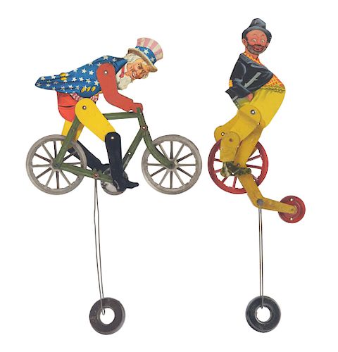 Lot of 2: Early American Made Tin Litho Balance Cycle Toys. 
