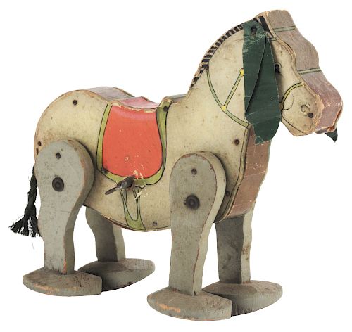 Pre-War Fisher Price Paper on Wood Wind Up Mule Toy. 