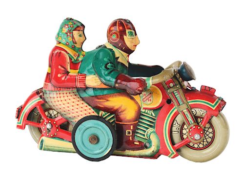 Rare Japanese Tin Litho Romance Motorcycle Toy.