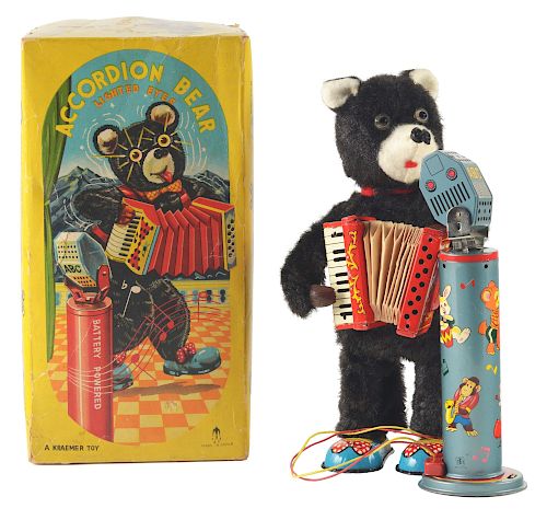 Tin Litho and Fur Covered Battery Operated Accordion Bear.