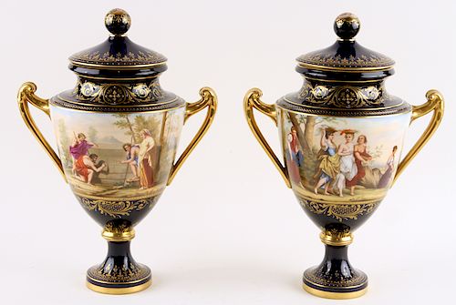 PAIR ROYAL VIENNA PORCELAIN HAND PAINTED URNS