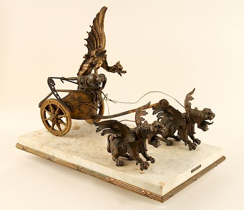 BRONZE FIGURAL GROUP ON MARBLE STAND GARGOYLES