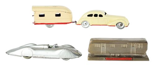 Lot of 3: Tin and Cast Metal Cars and Campers.