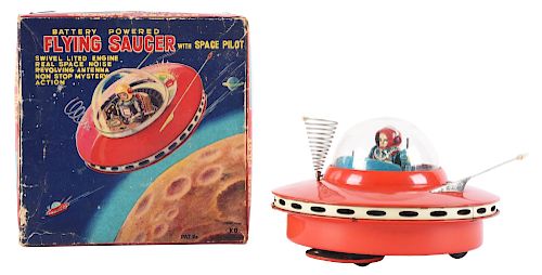 Japanese Tin Litho Battery Operated Flying Saucer With Box. 
