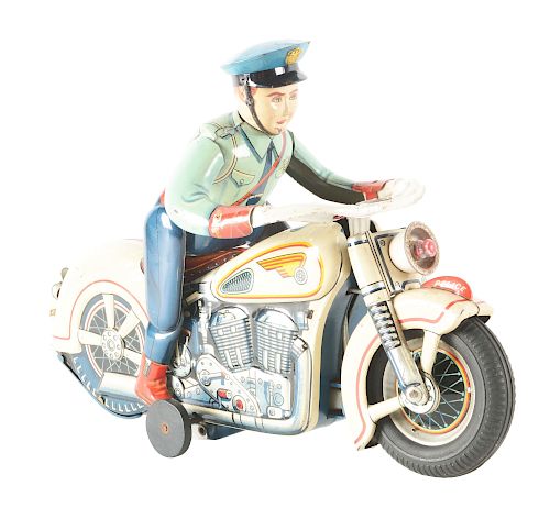 Japanese Tin Litho Battery Operated Police Man On Motorcycle. 