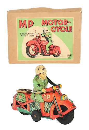 Tin Litho Friction MP Motorcycle. 