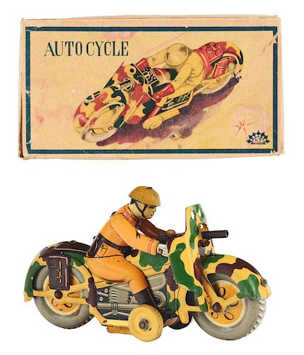 Pre-war Japanese Tin Litho Wind Up Auto Cycle.