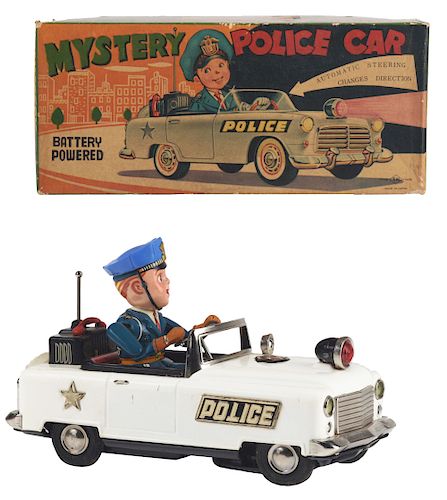 Japanese Tin Litho Battery Operated Mystery Police Car In Box. 