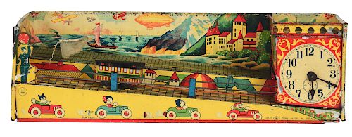 Early Tin Litho Wind Up Pre-War Japanese Track and Clock Toy.