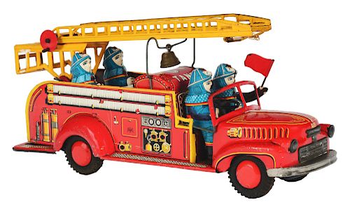 Tin Litho Large Early Bonnet Style Fire Truck.
