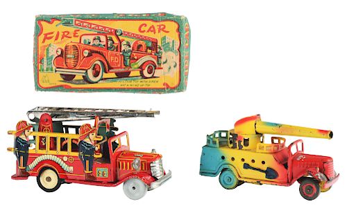 Lot of 2: Tin Litho and Painted Friction Bonnet Style Fire Trucks.