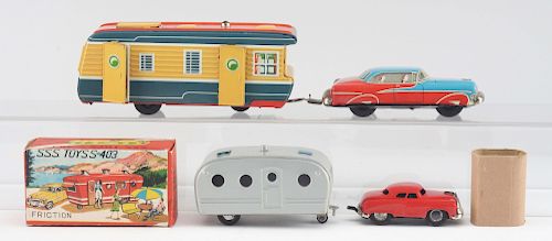 Lot of 2: Tin Litho and Painted Friction Cars with Camper Trailers.