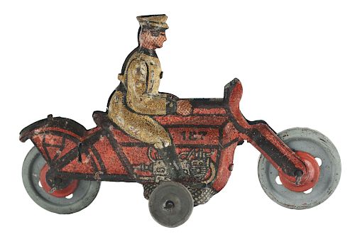 Tin Litho Penny Toy Motorcycle and Rider.