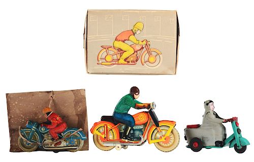 Lot of 3: Tin Litho Wind Up Motorcycles and Scooter.