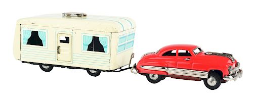 Tin Litho and Painted Early Car and Trailer Set.
