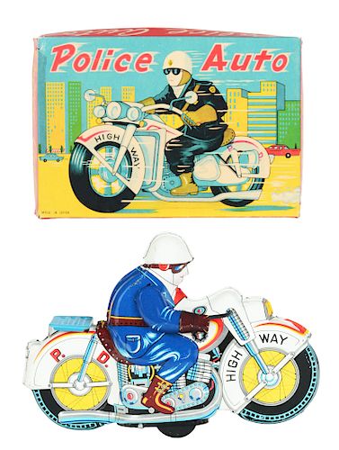 Tin Litho Friction Police Auto Motorcycle.