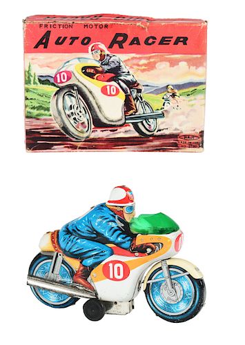 Tin Litho Friction Auto Racer Motorcycle.
