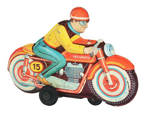 Tin Litho Friction Motorcycle and Rider.
