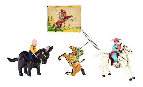 Lot of 3: Tin Litho Wind Up Lone Ranger and Cowboys Riding Horses.