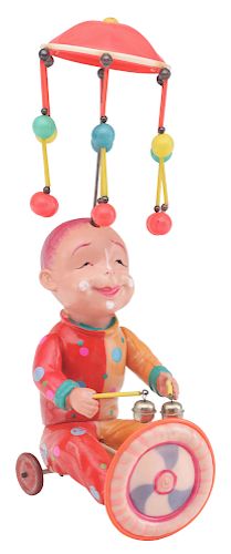 Pre-war Japanese Rare Large Tin and Celluloid Wind Up Spinning Clown.