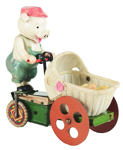 Large Pre-War Japanese Tin Litho and Celluloid Pig with Chickens in a Carriage.