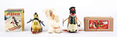 Lot of 3: Tin Litho Wind Up and Friction Penguin and Eskimo Toys.