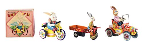 Lot of 3: Tin Litho Wind Up and Friction Driving Rabbit Toys.