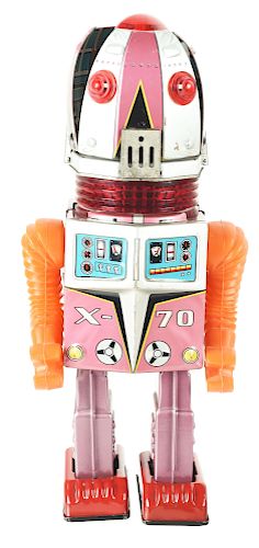Japanese Battery Operated Tin Litho and Plastic X-70 Tulip Head Robot. 