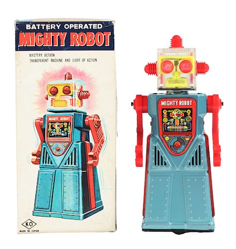 Tin Litho and Painted Battery Operated Mighty Robot.
