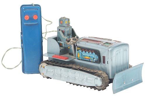 Japanese Battery Operated Tin Litho Robot Driving Bulldozer Toy.