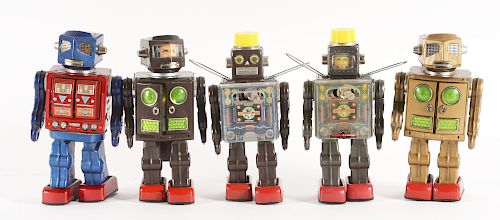 Lot of 5: Japanese Tin Litho Battery Operated Robots.