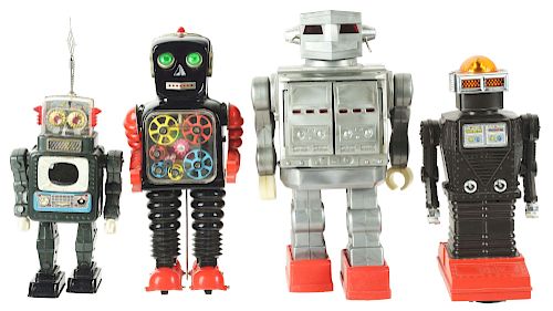 Lot Of 4: Japanese Tin Litho & Plastic Robots. 